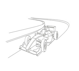 Obraz premium A detailed line drawing depicts a formula one race car speeding along a curved track