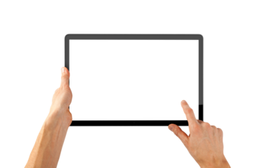 A person's hand is holding a digital tablet PC with a blank touchscreen display, using mobile technology for wireless internet communication and business information on the portable device screen