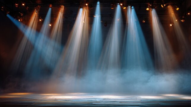 Empty stage with dramatic blue and orange spot lights illuminating smoke. Background for concert, performance, or awards event. - Powered by Adobe
