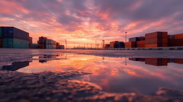 Port terminal with stacked intermodal containers at vibrant pink sunset reflected in puddle. Global logistics and cargo transportation concept.