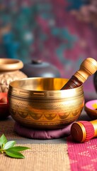 Tibetan singing bowl and mallet for meditation and relaxation,  ritual,  healing