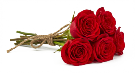 Beautiful bunch of red roses tied with rustic rope isolated on white background, natural floral bouquet for romantic valentines day present or anniversary gift