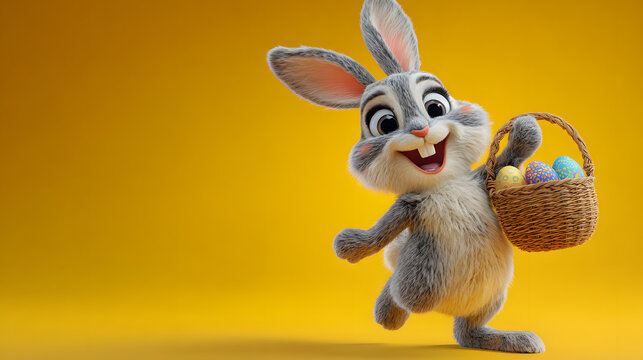 A cheerful cartoon rabbit happily carries a basket of colorful eggs on a bright yellow background
