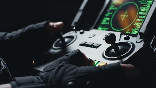 Person operating drone controller with screen display.
