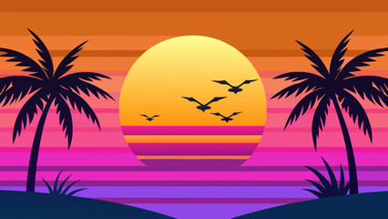 Tropical Sunset Vector Landscape with Palm Silhouettes