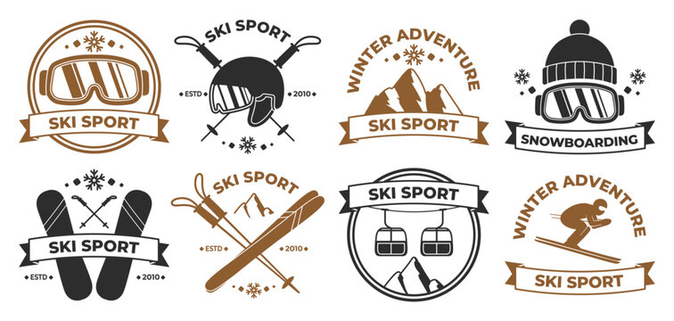 Typography ski badges and snowboarding winter sports adventure logo isolated set on white background