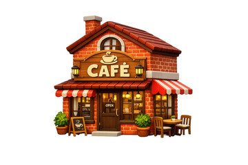 Charming 3d cafe building featuring a wooden sign, striped awnings, and outdoor seating on transparent background