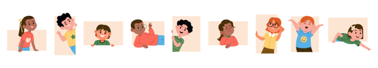 Diverse multicultural kids characters peeking and looking out from blank frames isolated set