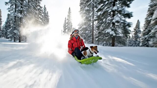 young woman playing with a sledge with her dog