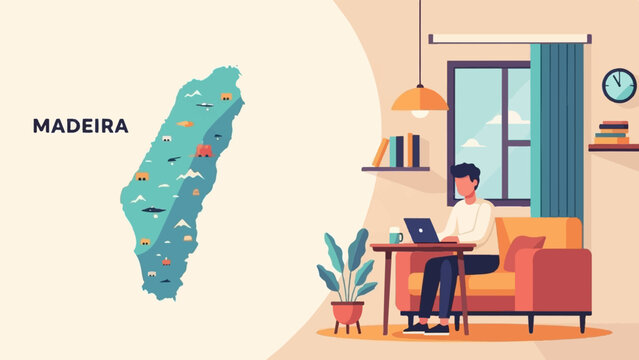 Illustration of Madeira island with stylized icons & man working remotely