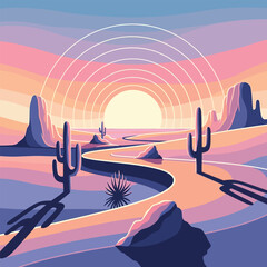 Desert landscape with sand dunes at sunrise or sunset.