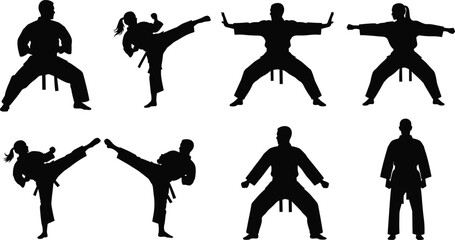 Karate martial arts fighter silhouettes set, men and women practicing kicks and stances, black vector illustration for self defense training, sport, dojo concepts. © Vector Sifat