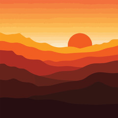 Vibrant Orange Sunset over Layered Mountains Landscape.