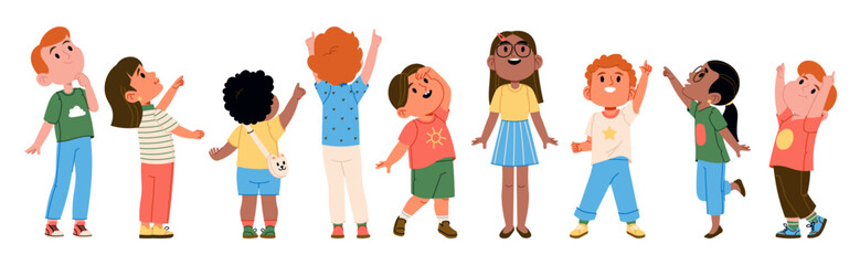 Happy amazed kids with joyful faces looking up in wonder watching something above isolated set