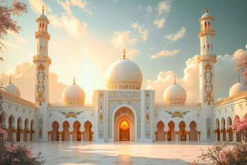 Mosque facade in sunny light. Beautiful poster muslim holiday.