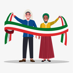 Fototapeta premium Diverse people holding Italian flag ribbons. Vector illustration of man and woman with green, white, and red stripes. Cultural diversity and unity. Italy flag colors. Flat design