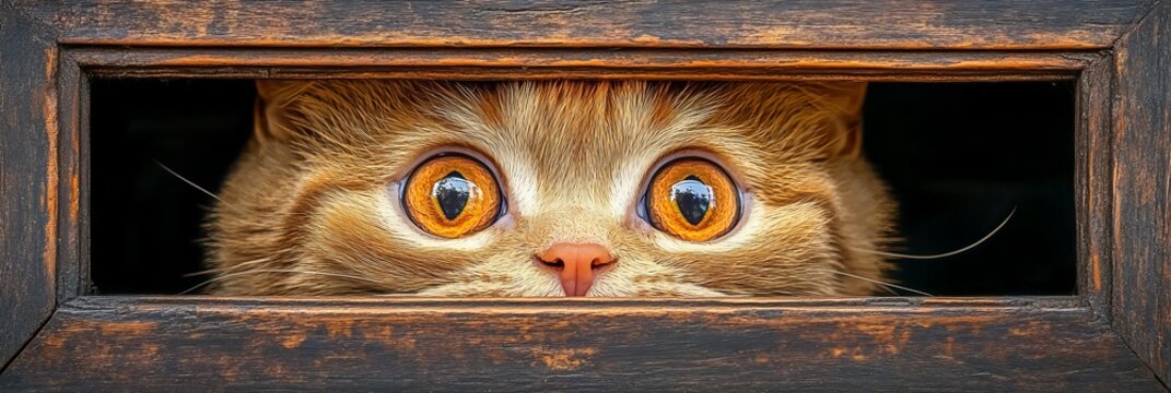 Curious Ginger Tabby Cat with Captivating Green Eyes Peeking Out from a Wooden Box, Full of Wonder
