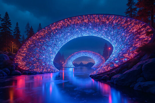 Lighted outdoors architectural arch installation over the river