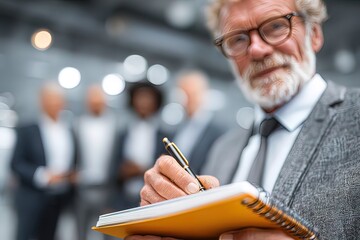 Elderly businessman writing in notebook