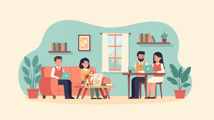 Naklejka premium People and a dog working on laptops in a cozy room