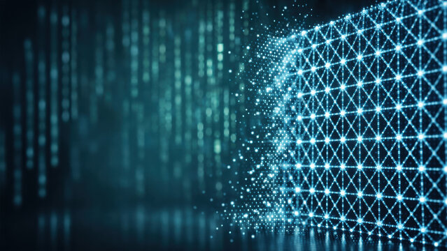 Quantum technology secures data through glowing lattice grid with complex geometric structures creating futuristic and secure digital environment - Powered by Adobe