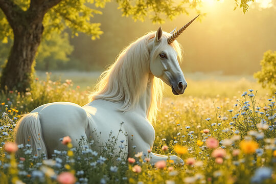 Fabulous white unicorn lies in a blooming sunny meadow