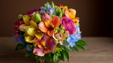 A beautiful spring arrangement of colorful tulips and pink roses forms a floral bouquet for a wedding gift or Valentine day decoration, showcasing nature in full bloom with vibrant blossom petals