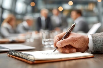 Hand writing in notebook during business meeting