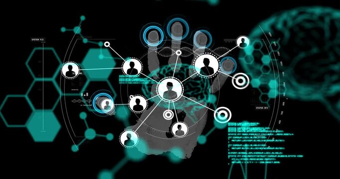 Animation of network of connections with icons over diverse data and fingerprints