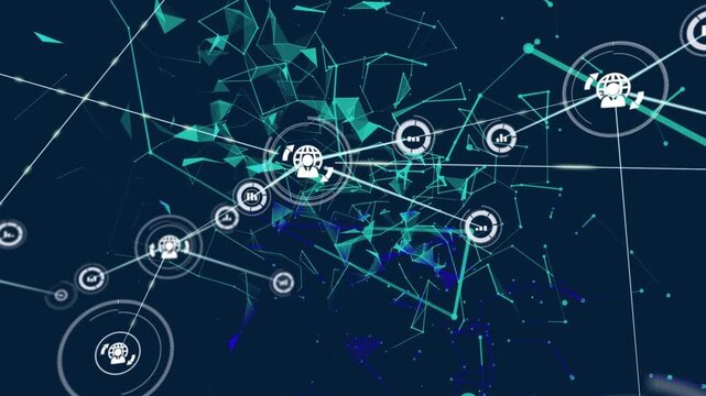 Animation of network of connections with icons and glowing triangles over dark blue background