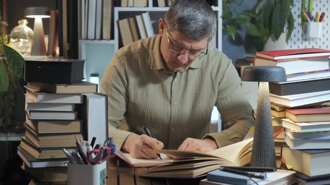 Mature Man Writing Notes While Studying Books at Desk Indoors, Focused researcher working with open literature, documents, and reference materials in home workspace