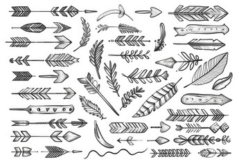 Fototapeta premium Black and white collection of hand-drawn arrows, feathers, and organic elements