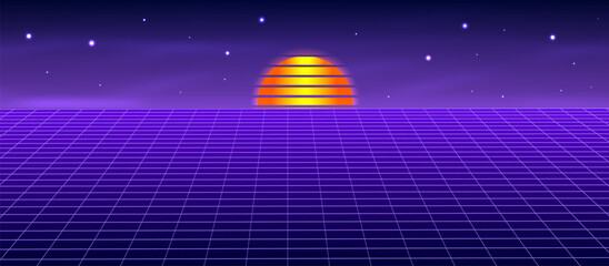 Landscape with a geometric grid and sun. Abstract 3D model in cyberspace. Vector illustration.