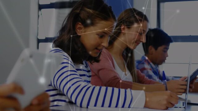 Animation of connections over happy diverse students using technology at school