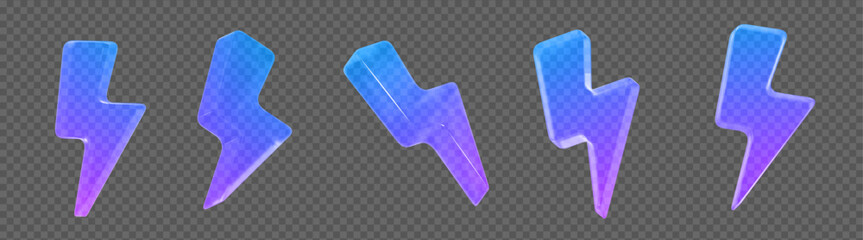 3d neon set glass transparent charger symbol. Holographic symbol of energy, danger. Minimalistic electrical discharge. Stock vector illustration on isolated background.	
