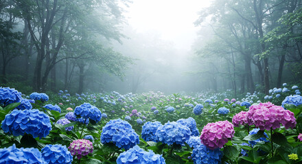 Colorful hydrangeas flourish in a dreamy misty forest illuminated by soft diffused light. AI Generated