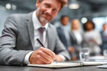 Businessman writing in notebook during meeting