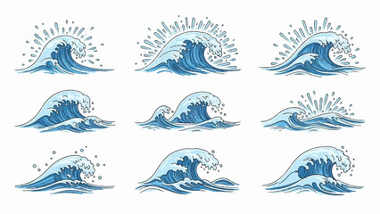 Obraz premium Nine diverse, hand-drawn illustrations of breaking ocean waves in blue tones