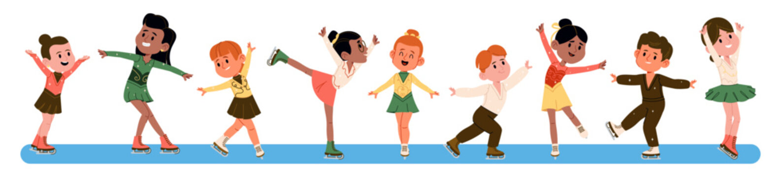 Set of kids characters enjoying figure skating winter sport in group class performing on ice rink