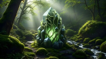 Mystical green crystal formation glowing brightly in a serene forest setting with moss-covered rocks and trees, surrounded by a gentle stream with soft, cinematic lighting.