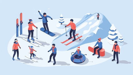 Fototapeta premium Isometric scene of people enjoying winter sports on snow-covered mountains
