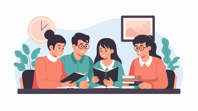 Four friends reading books at a table with plants and clock