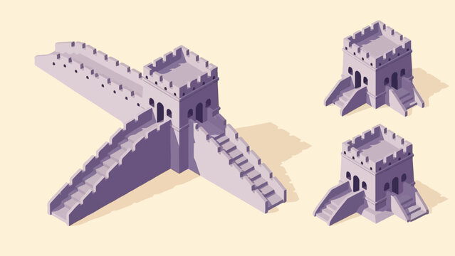 Isometric pixel art of ancient fortifications with turrets and stairs
