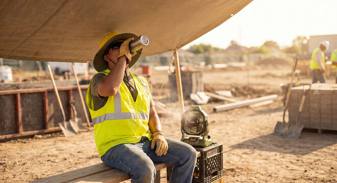 Construction worker drinking water to stay hydrated under shade on a hot day