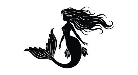 Obraz premium An elegant depiction of a mythical mermaid with flowing hair and a scaled tail presented as a striking silhouette high quality