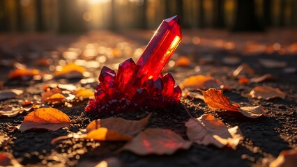 A close-up shot of a vibrant red crystal formation on the ground surrounded by scattered orange leaves in a forest with warm, golden lighting.