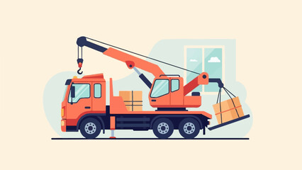 Orange crane truck lifting boxes with a backdrop of a window and clouds