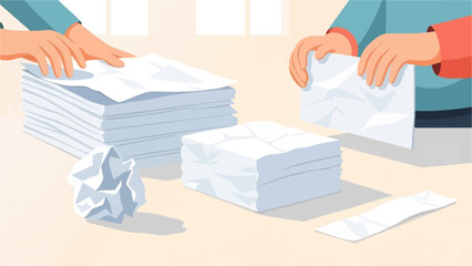 Fototapeta premium Hands sort through stacks of crumpled paper and documents on a desk