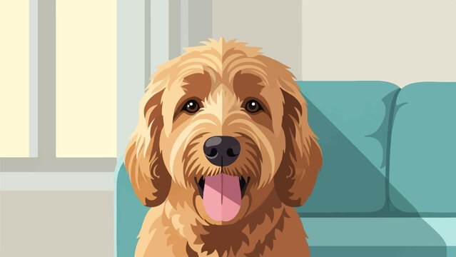 Golden doodle dog sitting on a couch near window, tongue out