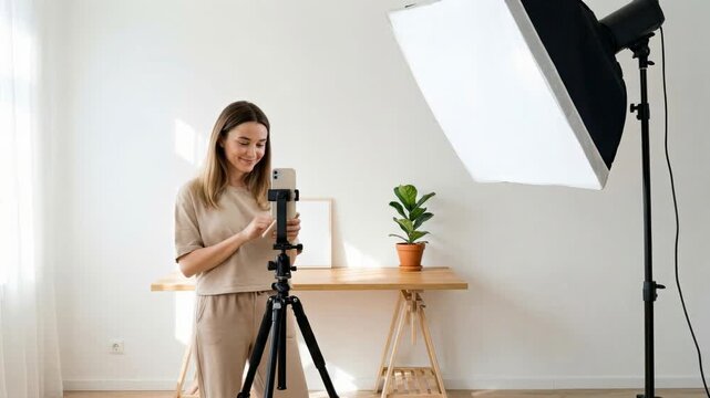 Young woman content creator preparing for live stream, setting up softbox light and starting video shooting with phone on tripod
